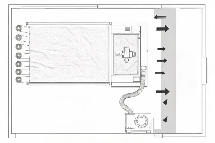 Schematic cutting cell with spreading table, vacuum cutter and offload aisle, not a published street map